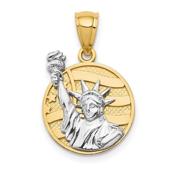 14k Yellow Gold Two-tone Lady Liberty on American Flag Disk Pendant
